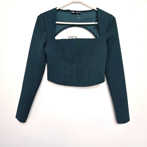 Zara Emerald Green Sz Small Cropped Piped Open Back Stretchy  Long Sleeve Blouse - Picture 2 of 9